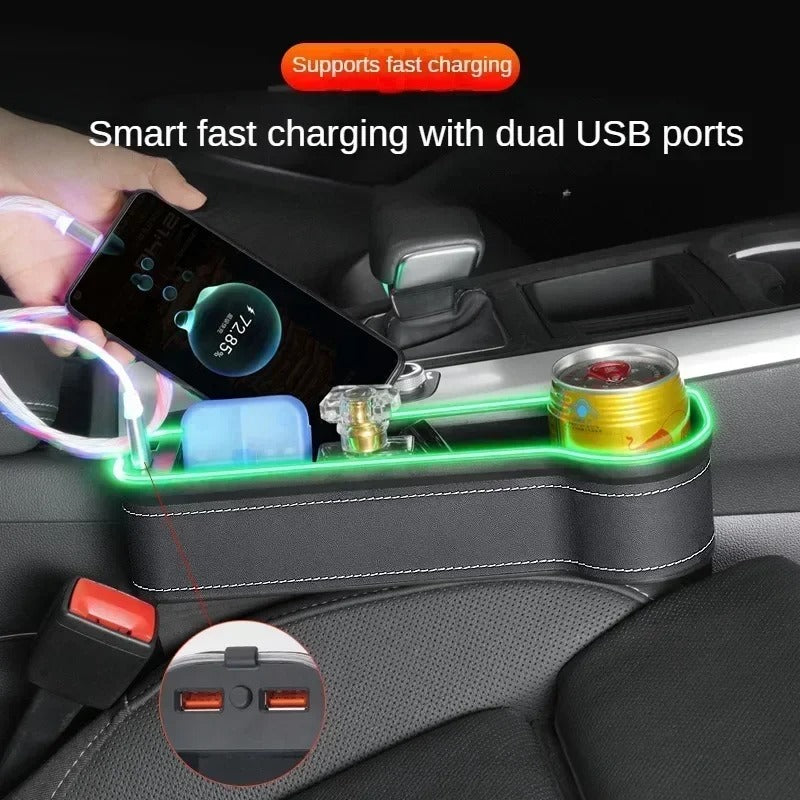 Smart Car Gap Organizer with Dual USB & LED Lighting